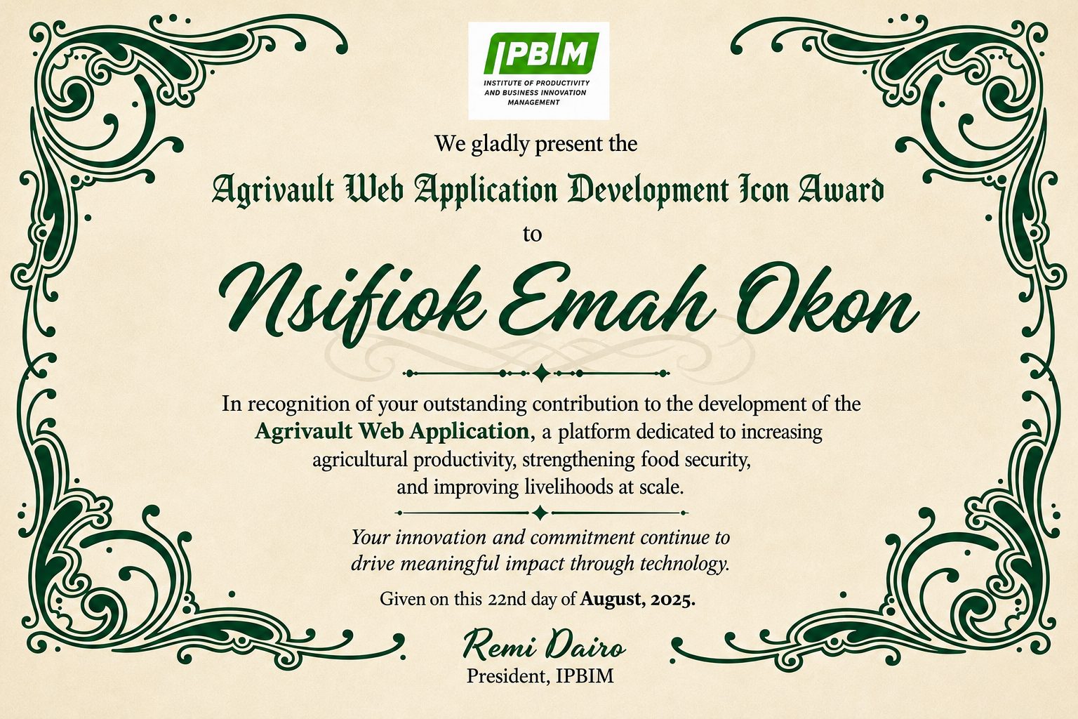IPBIM Agrivault Web Application Development Icon Award