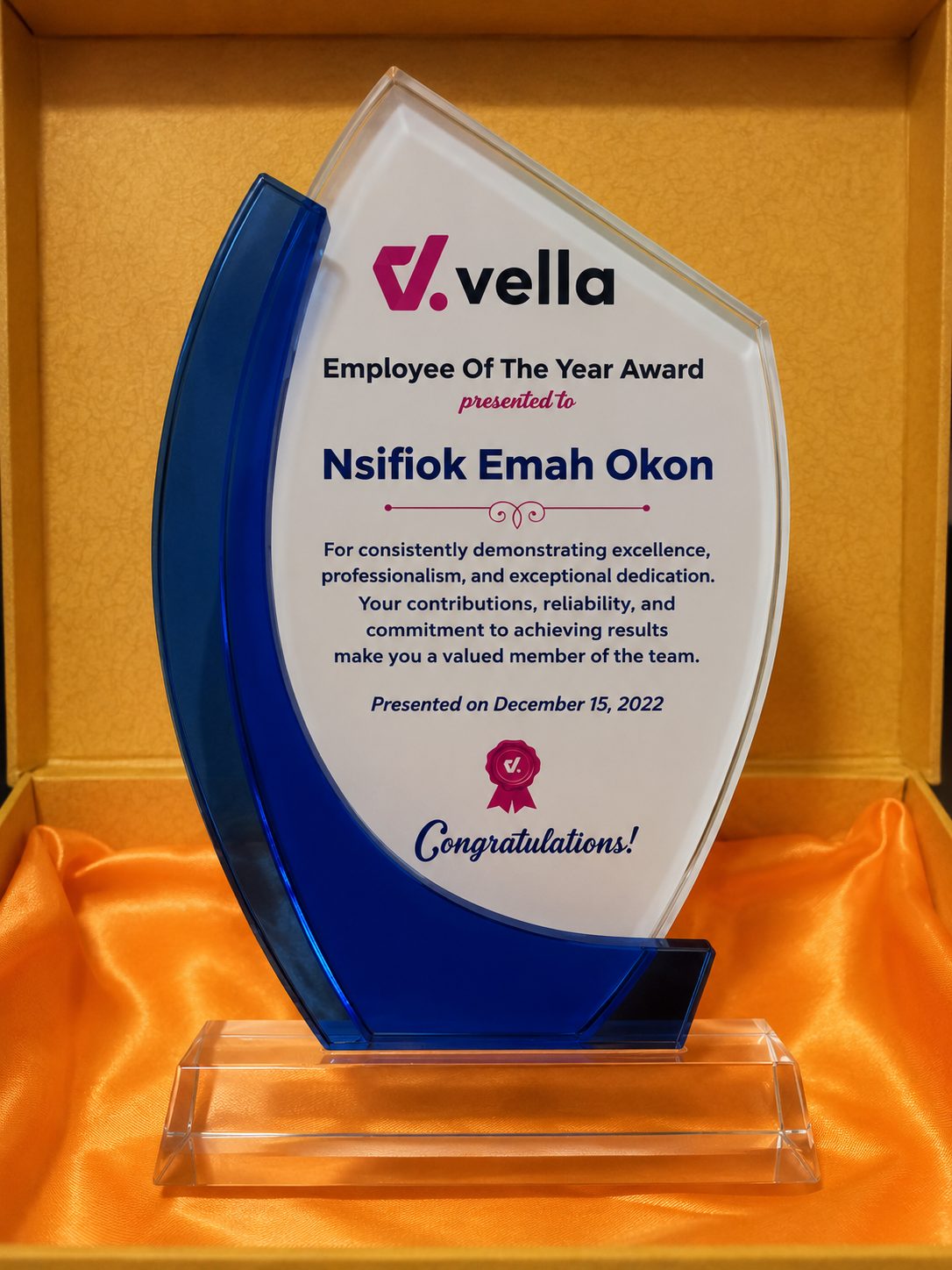 Vella Employee of the Year award trophy
