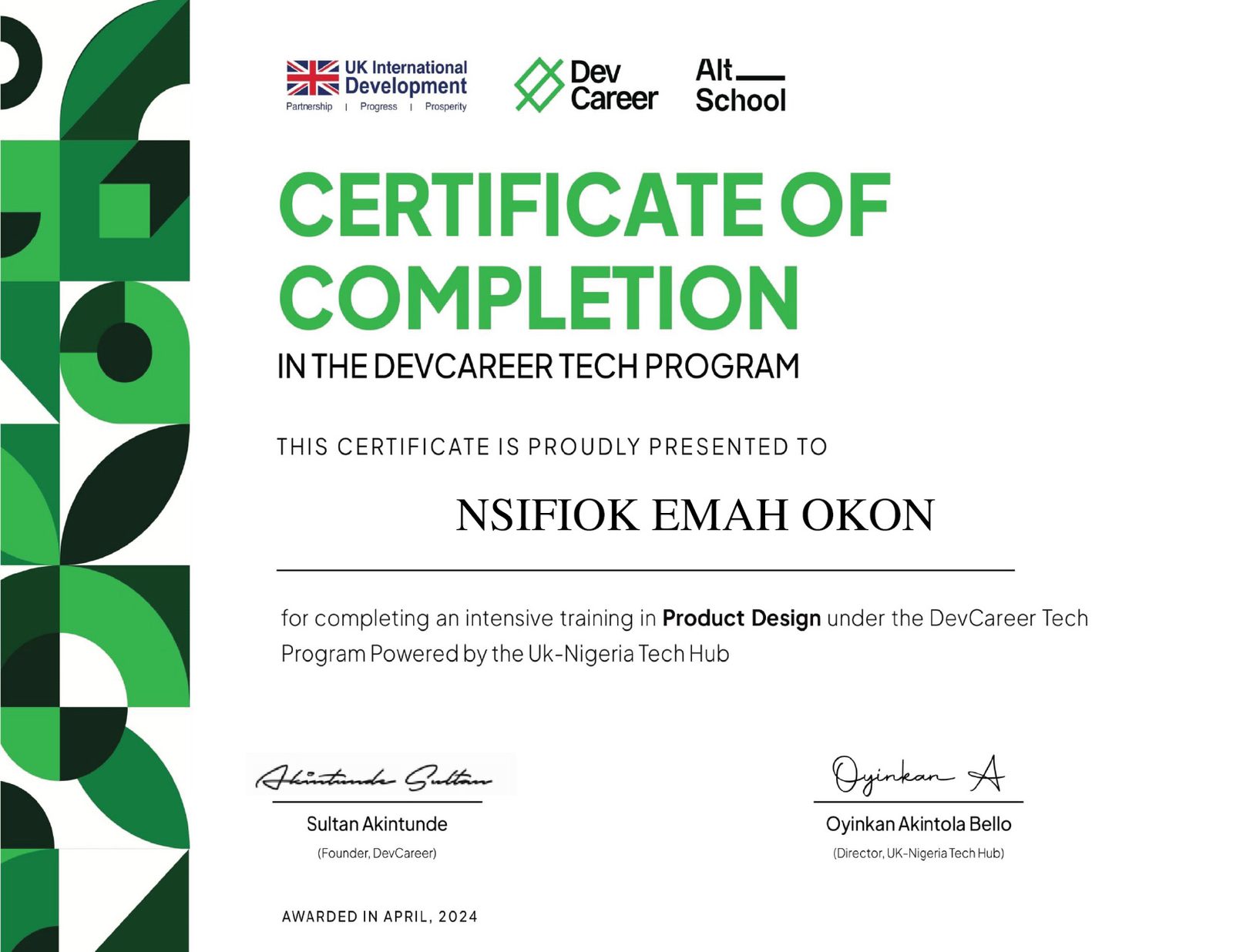 DevCareer Product Design certificate of completion