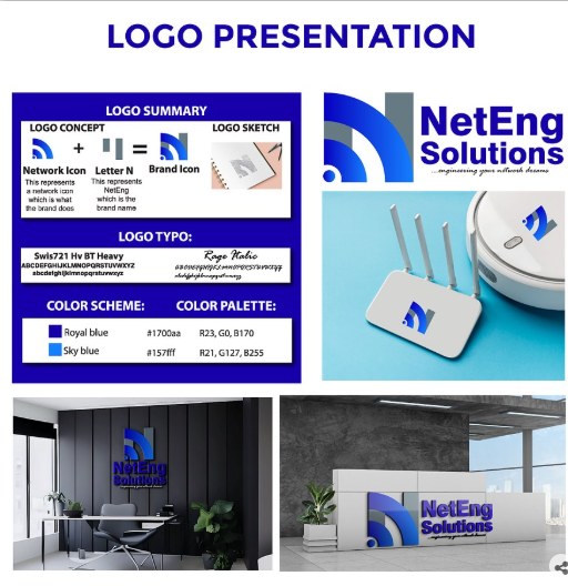 NetEng Solutions brand identity design — logo presentation, color palette and mockups